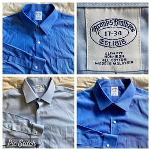 Lot-3 Brooks Brothers Slim Fit Non-Iron Cotton Button Up Blue/LightBlue 17-33/34
